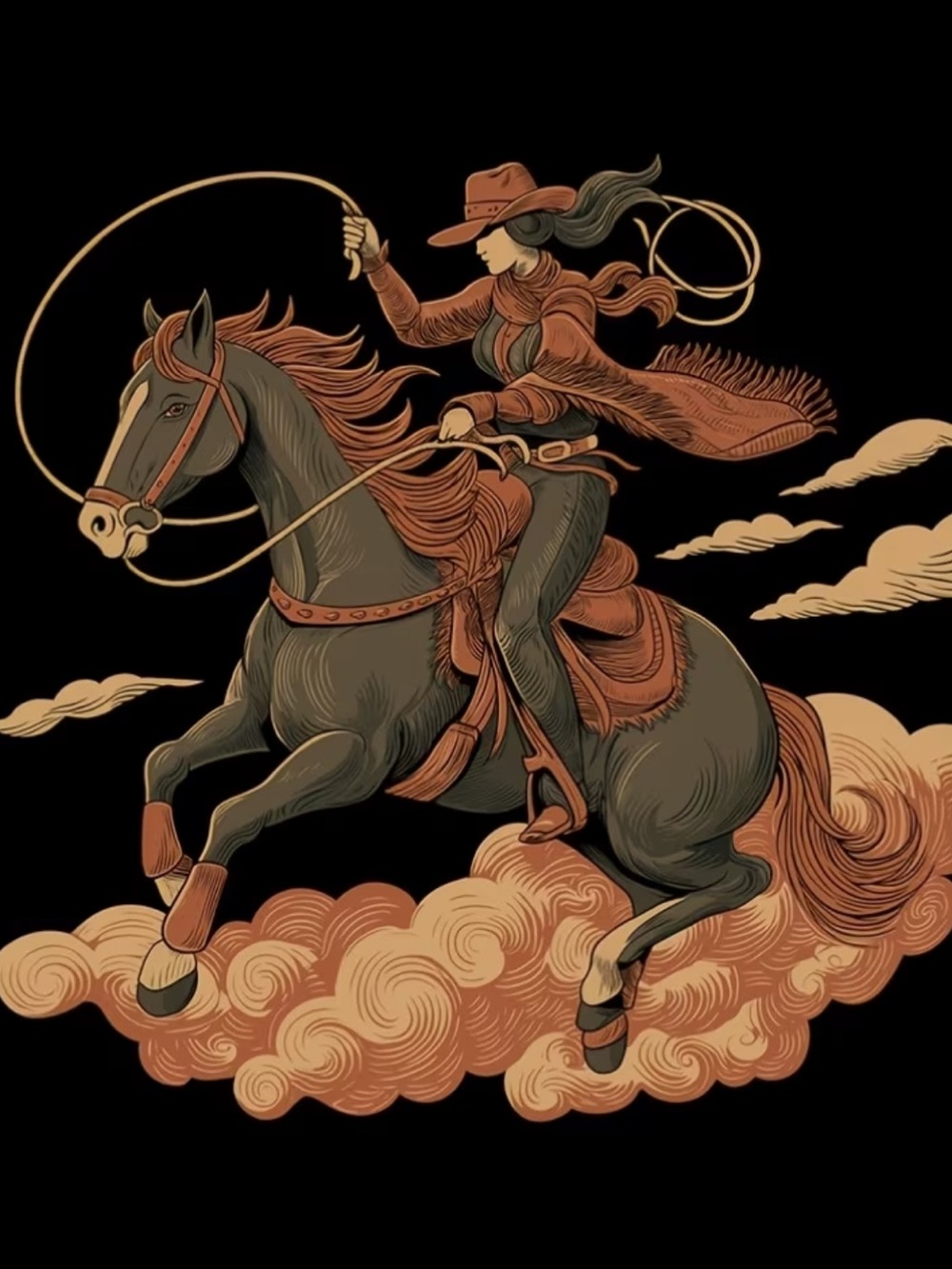 Western Cowgirl Riding Horse Art Scarf in Black and Rust